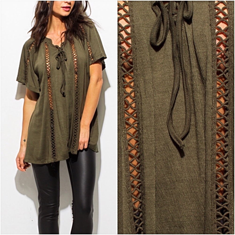 Boho Crochet Trim Butterfly Sleeve Tunic Top SM - Picture 4 of 6